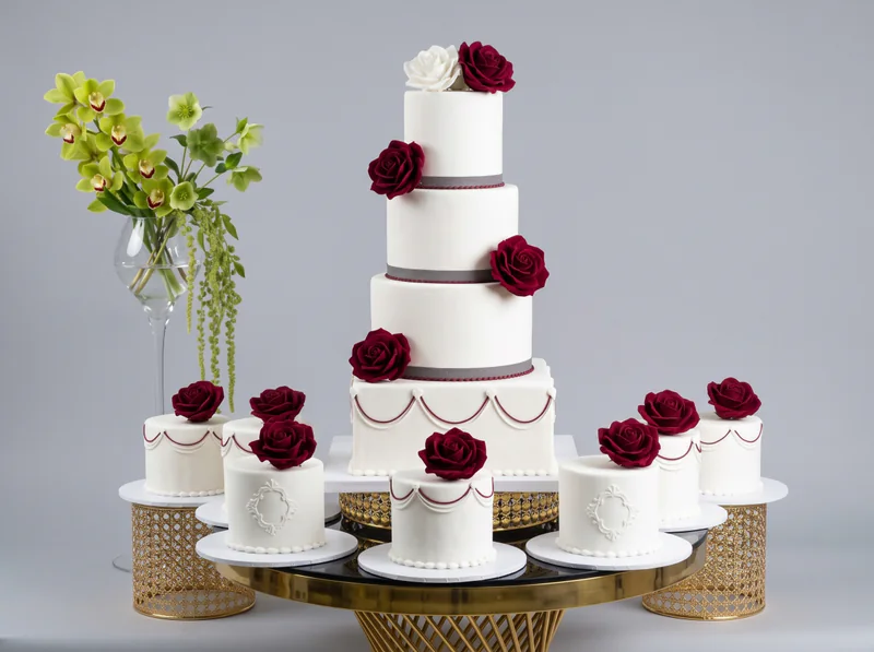 A tiered white wedding cake with red roses and matching small cakes