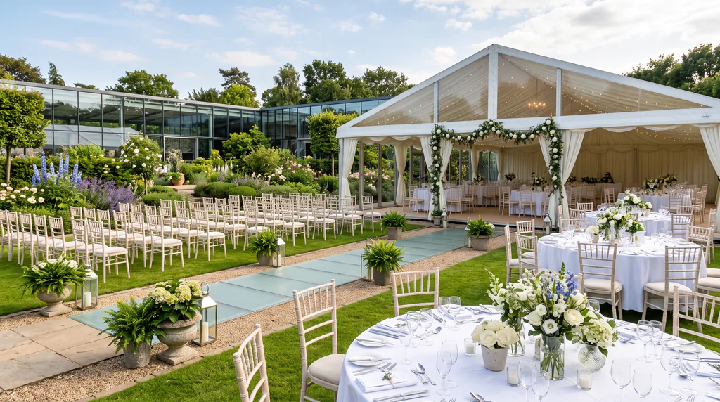 An outdoor wedding venue with a white tent, decorated tables and chairs on the lawn